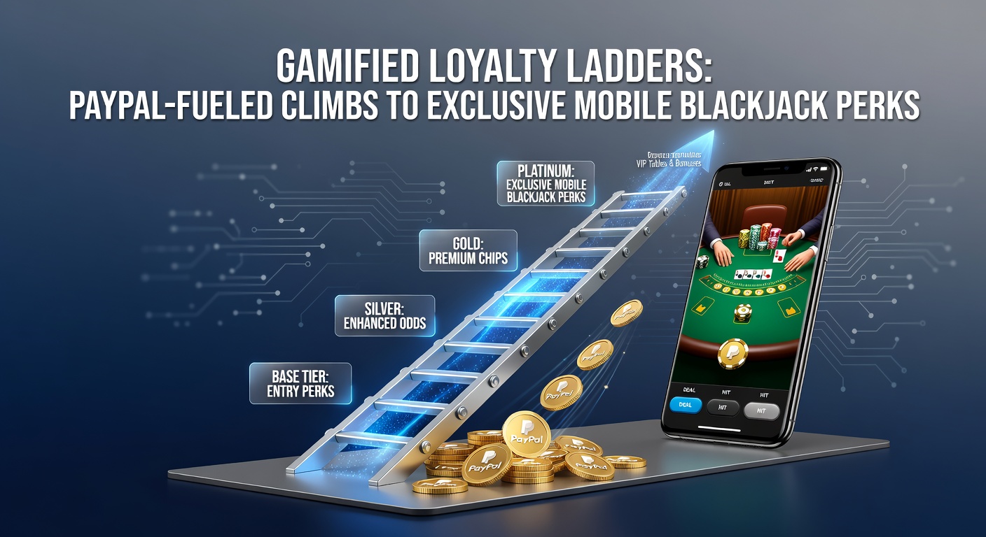 Grafik einer gamifizierten Leiter mit PayPal-Logos und Blackjack-Symbolen, die Aufstiege zu Premium-Vorteilen darstellt