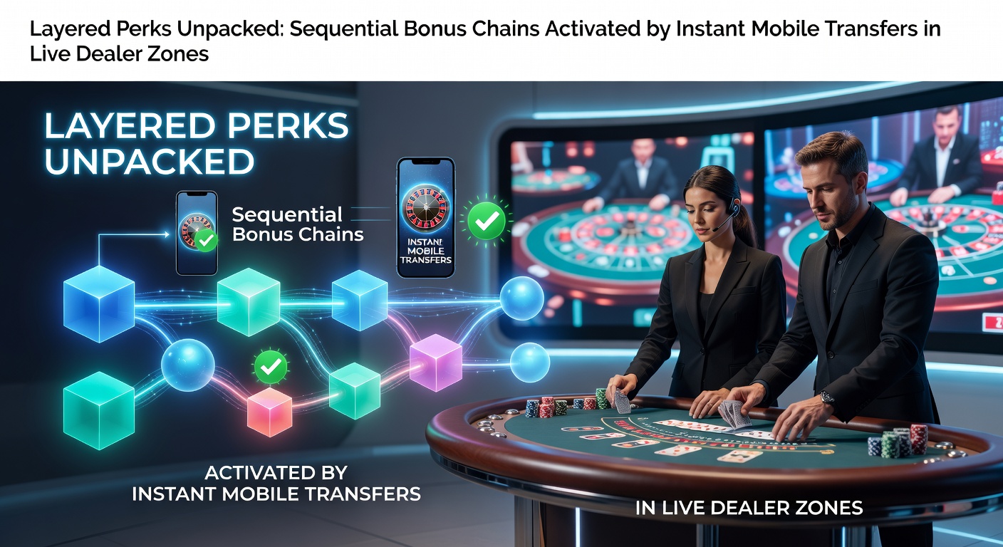 Grafik einer Kette aus Boni, die durch mobile Überweisungen in einem Live-Casino aktiviert werden, mit Symbolen für Roulette und Blackjack-Tische