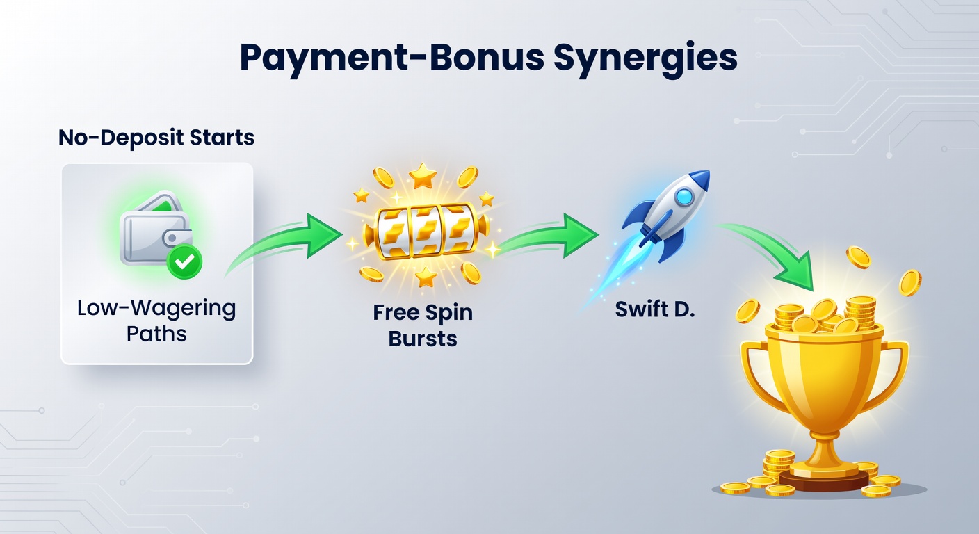 Diagramm veranschaulicht Synergiepfade von No-Deposit über Free Spins zu Deposit-Matches mit Low-Wagering-Indikatoren