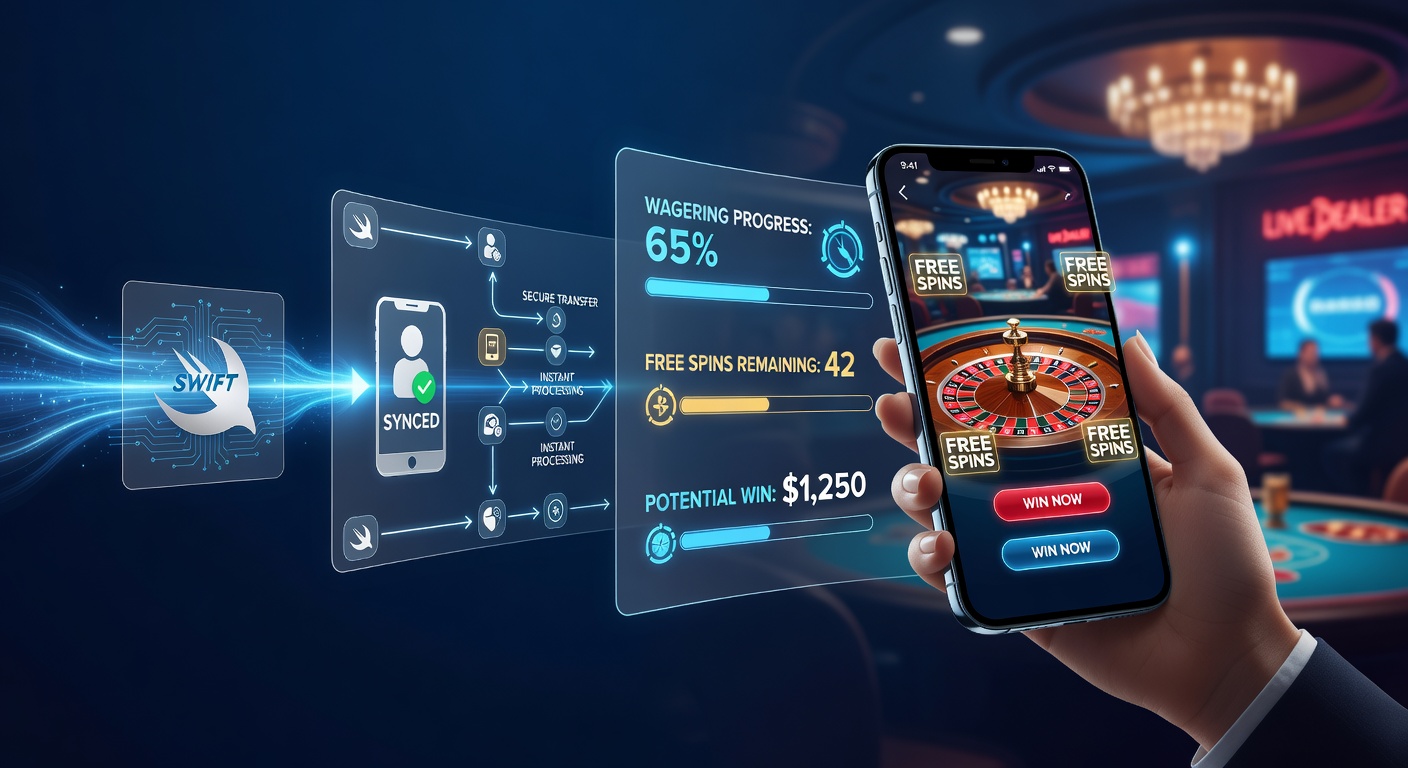 Smartphone zeigt Live-Casino-App mit Swift-Zahlungsbestätigung und Free-Spins-Anzeige
