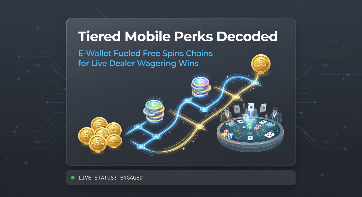 Grafik einer Free-Spins-Kette mit E-Wallet-Icons, steigenden Stufen und Live-Dealer-Tischen auf einem Mobilbildschirm